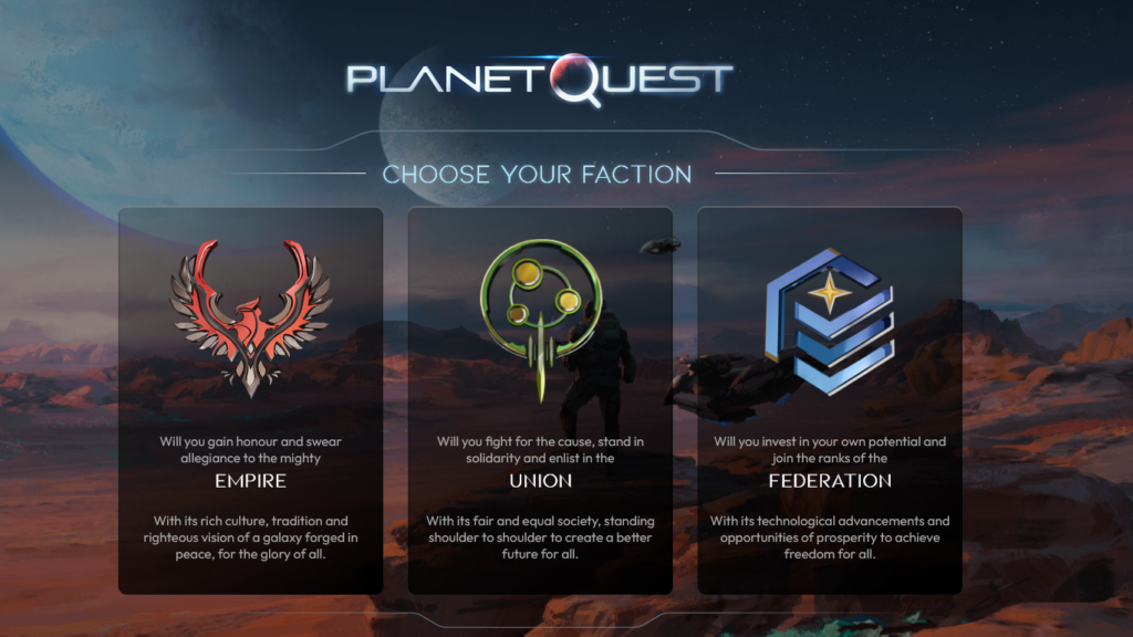 PlanetQuest選擇陣營畫面，每個陣營都能夠拿到免費空投的NFT