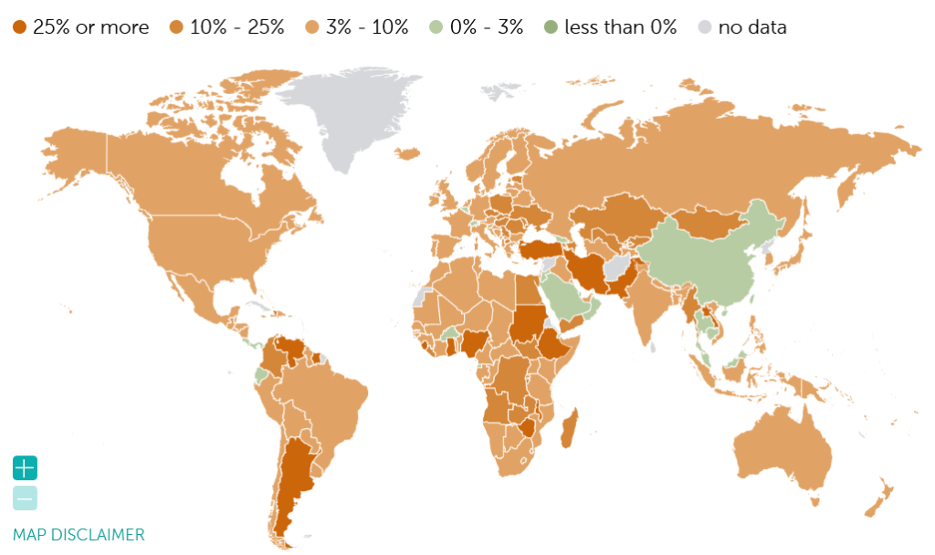 各國通膨率熱點，資料來源：國際貨幣基金組織