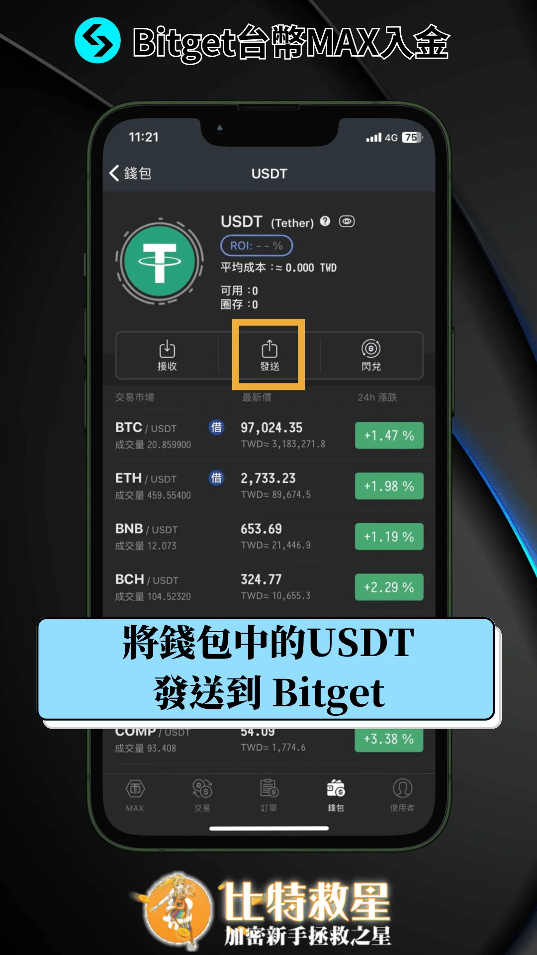 六、將錢包中的 USDT 發送到 Bitget