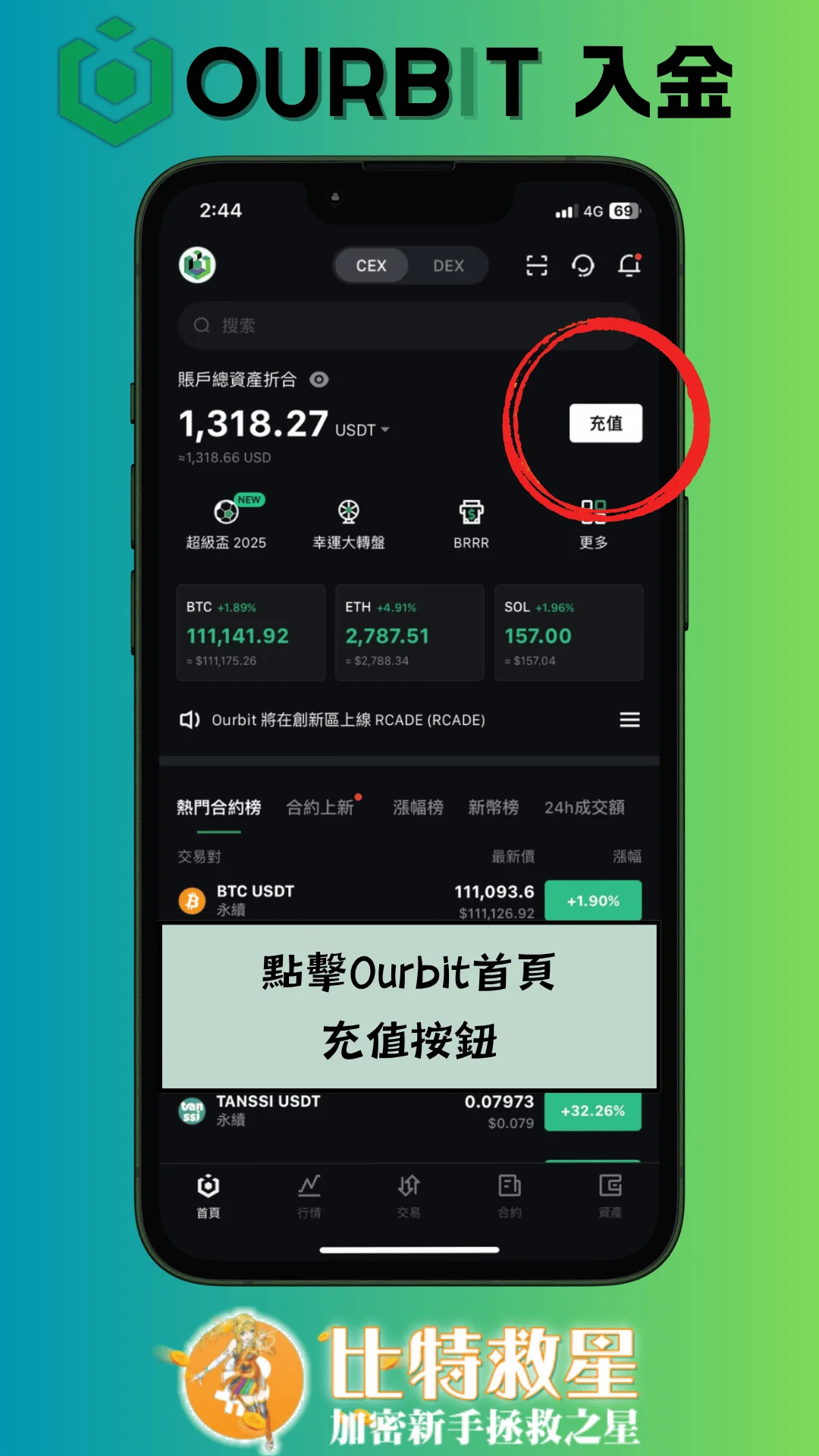 一、點擊 Ourbit 首頁充值按鈕
