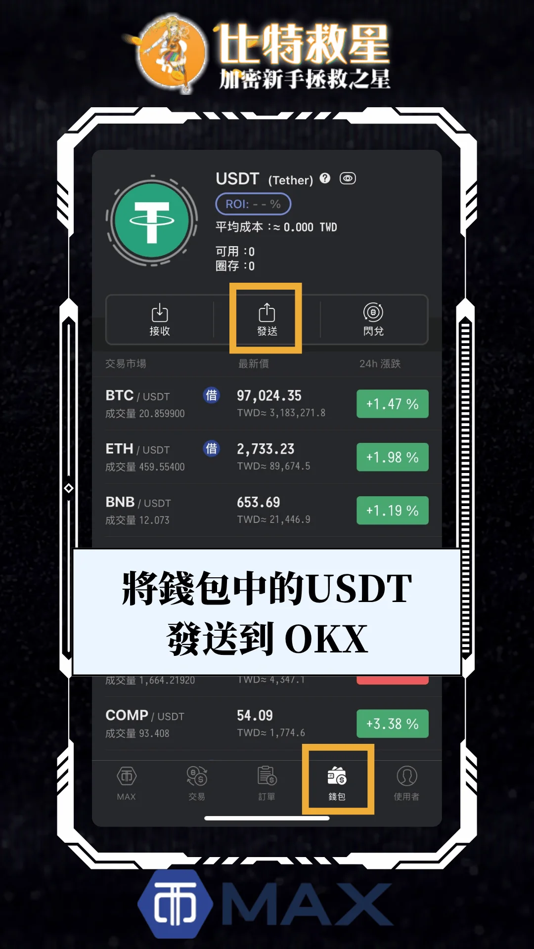 一、找到錢包中的 USDT 並點擊發送