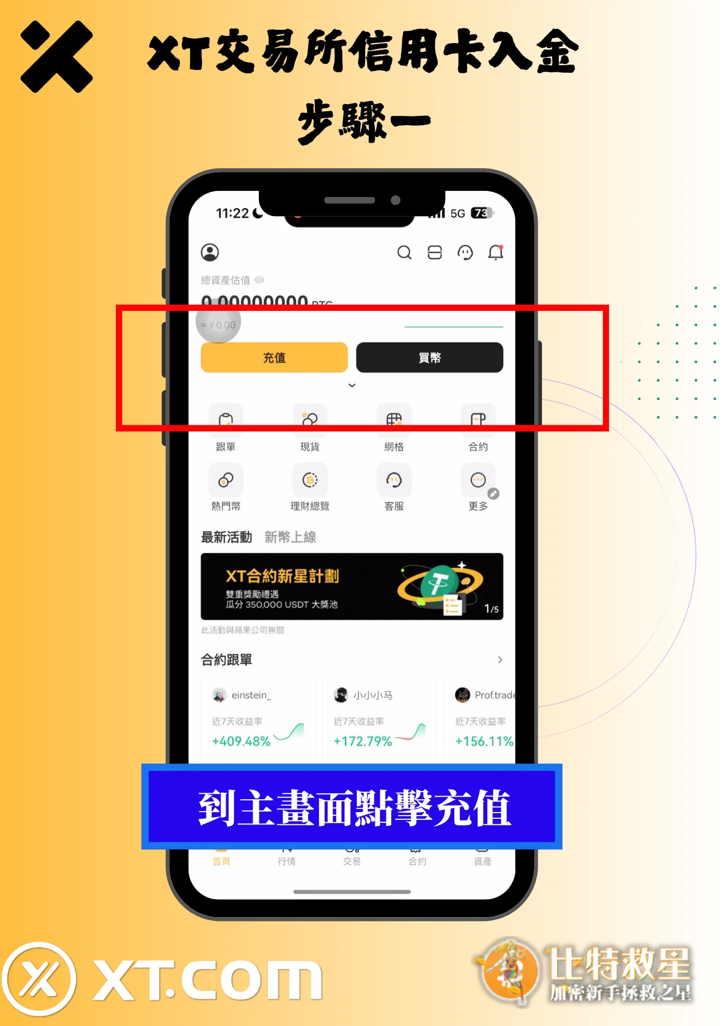 2025最新【XT交易所】註冊教學,高達43%的超級返佣! 26 XT交易所信用卡入金1-主畫面點擊充值