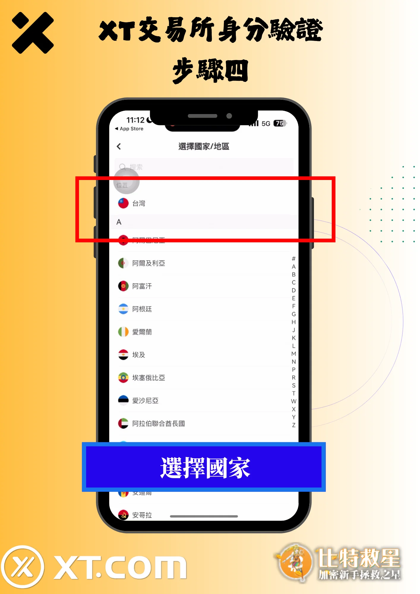 2025最新【XT交易所】註冊教學,高達43%的超級返佣! 19 XT交易所身分驗證4-選擇國家