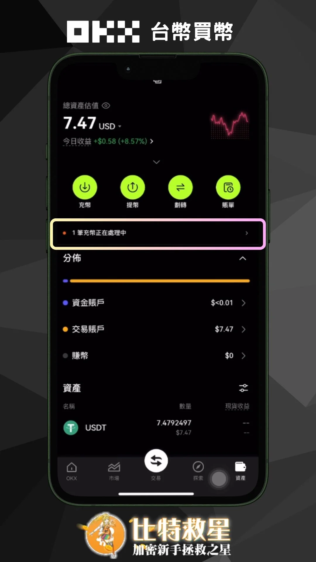 1筆充幣正在處理中