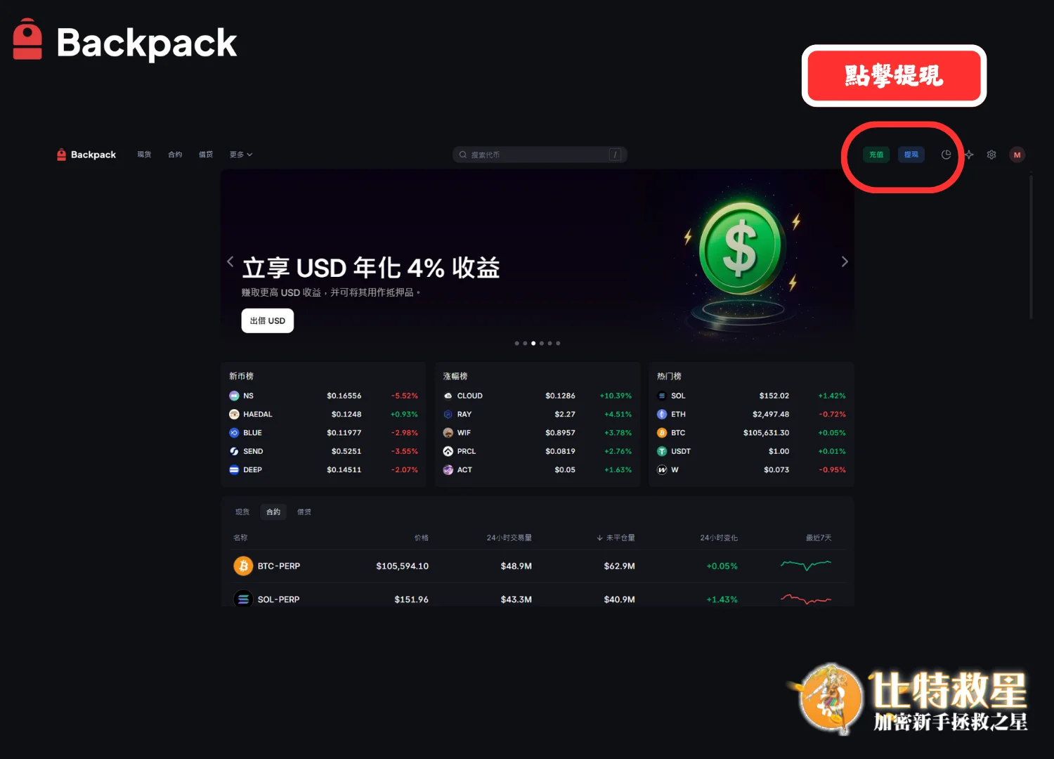 【Backpack背包出金教學】搭配LineBank手續費超級低! 1 背包出金步驟-點擊提現