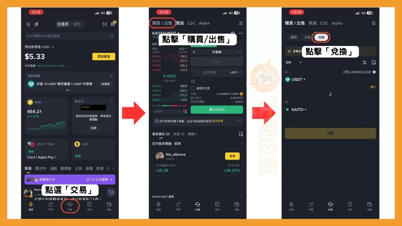 閃兌是什麼?比現貨交易更快的0手續費買幣方法! 1 點選「交易」,再點擊「購買/出售」,最後點擊「兌換」,就會進到幣安閃兌的畫面