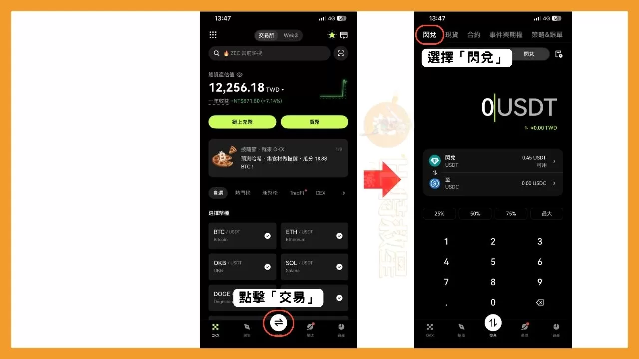 閃兌是什麼?比現貨交易更快的0手續費買幣方法! 4 點擊「交易」,再選擇「閃兌」,進入OKX的閃兌畫面。