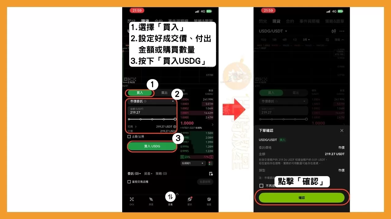 選擇「買入」，並完成各項下單設定，接著按下「買入USDG」，最後點擊「確認」