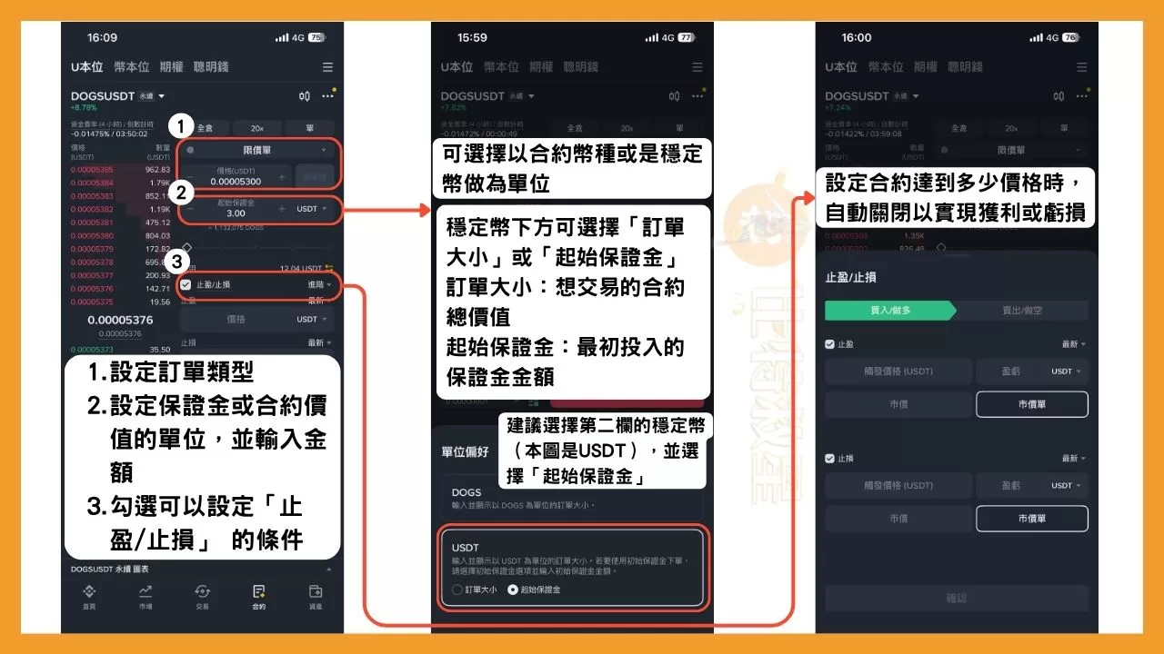 幣安合約教學:用一篇文搞懂操作介面與止盈止損等合約功能 12 設定訂單類型,輸入訂單大小或起始保證金