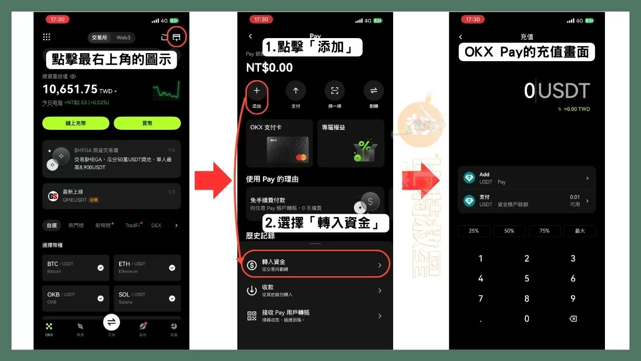 OKX支付卡是什麼?享5%回饋跟10%活存的虛擬貨幣卡! 4 在OKX主畫面點擊右上角圖示,點擊「添加」,然後選擇「轉入資金」,就會進到OKX Pay的充值畫面。