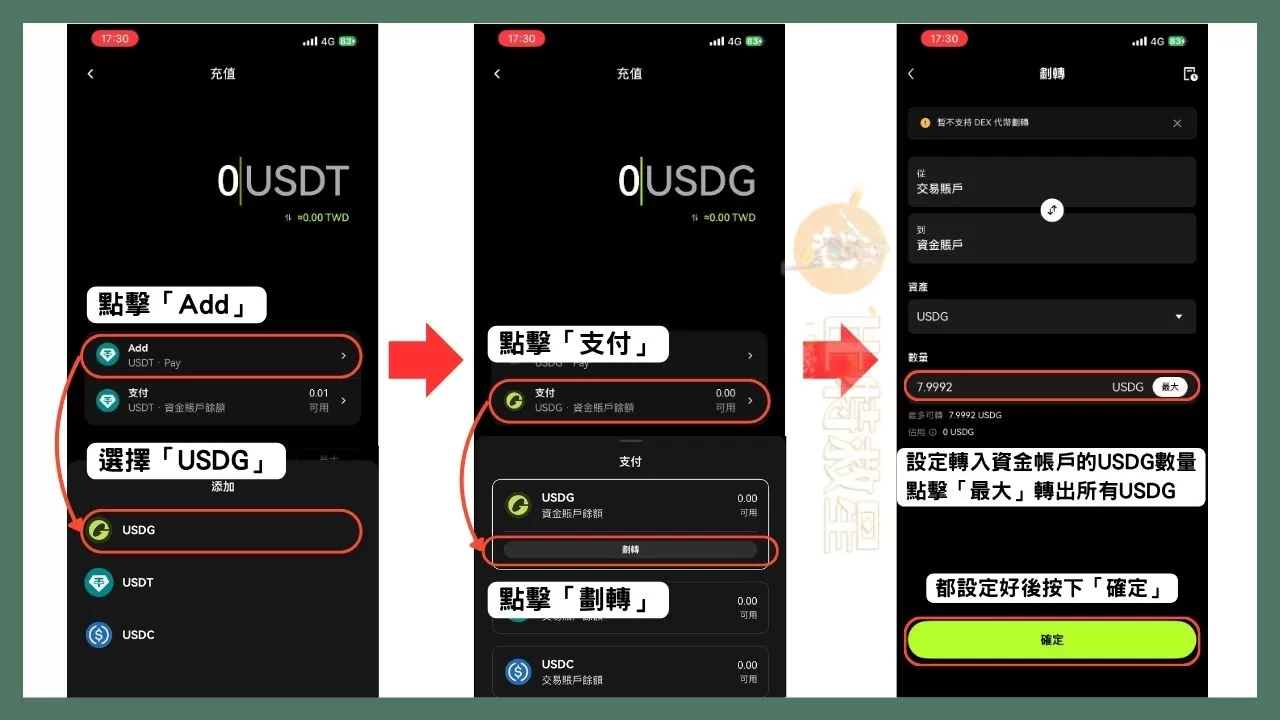 OKX支付卡是什麼?享5%回饋跟10%活存的虛擬貨幣卡! 5 點擊「Add」選擇「USDG」,接著點擊「支付」再點擊USDG下的「劃轉」,然後設定USDG從交易帳戶轉到資金帳戶的數量,最後按下「確定」。
