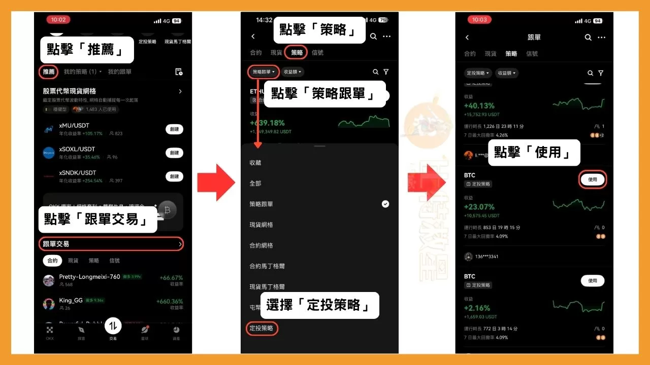 OKX定投教學:不看盤也能輕鬆買幣,還能一鍵跟單大神策略! 7 在策略的介面中,先點擊上方的「推薦」,接著往下滑,點擊「跟單交易」。
在跟單交易的介面中點擊「策略」,接著往下找,找到並點擊「策略跟單」,在跳出的列表中選擇「定投策略」。
下個畫面會出現各種有人使用的定投策略,找到感興趣的策略後點擊「使用」。