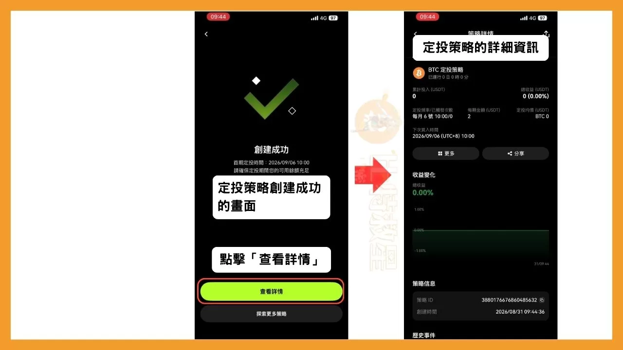 OKX定投教學:不看盤也能輕鬆買幣,還能一鍵跟單大神策略! 5 OKX會跳出定投策略創建成功的畫面,點擊「查看詳情」可以進入該策略的詳細資訊畫面。