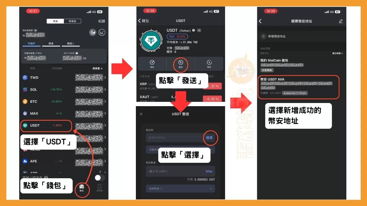 【MAX轉幣安教學】三步驟輕鬆把MAX資產轉到幣安! 6 回到MAX的App主畫面,在最下方的導覽列點擊「錢包」,接著在上方選擇「USDT」
在USDT的畫面中選擇「發送」,然後在下個畫面的「選擇提領地址」欄位旁點擊「選擇」,並在下個畫面選擇剛剛新增成功的幣安地址
