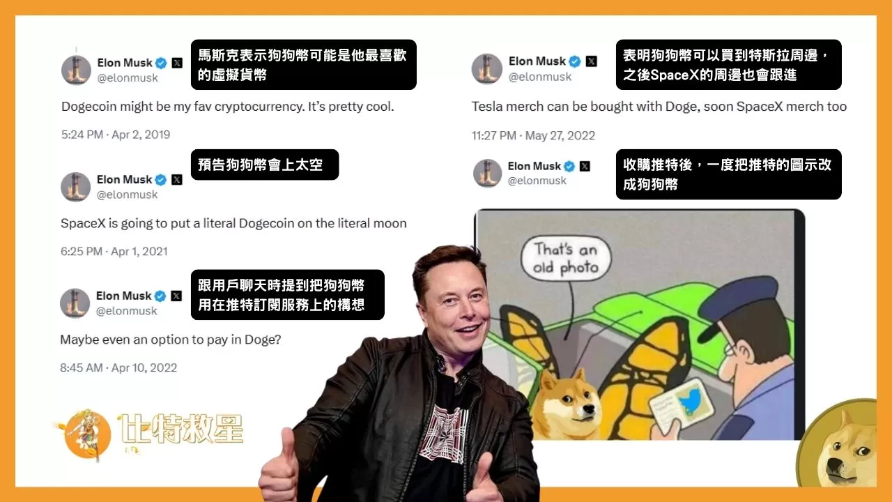 此為馬斯克所發布的與狗狗幣有關的貼文合輯，包括馬斯克表明狗狗幣可能是他最喜歡的虛擬貨幣，或是預告要送狗狗幣上太空、提出用於推特訂閱服務的構想。
他也曾發文表示狗狗幣可用於購買特斯拉周邊，之後SpaceX的周邊也可用狗狗幣購買，馬斯克收購推特後，曾把推特的LOGO改為狗狗幣
